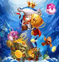 Gambar karakter hiu pemenang di permainan tembak ikan dengan piala emas dan koin di dasar laut.