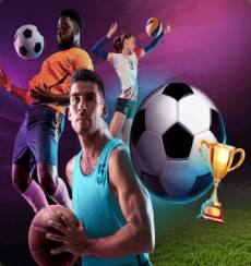 Gambar pemain olahraga sepak bola, basket, dan voli dengan bola dan trofi kemenangan di latar stadion, mewakili permainan sports online.